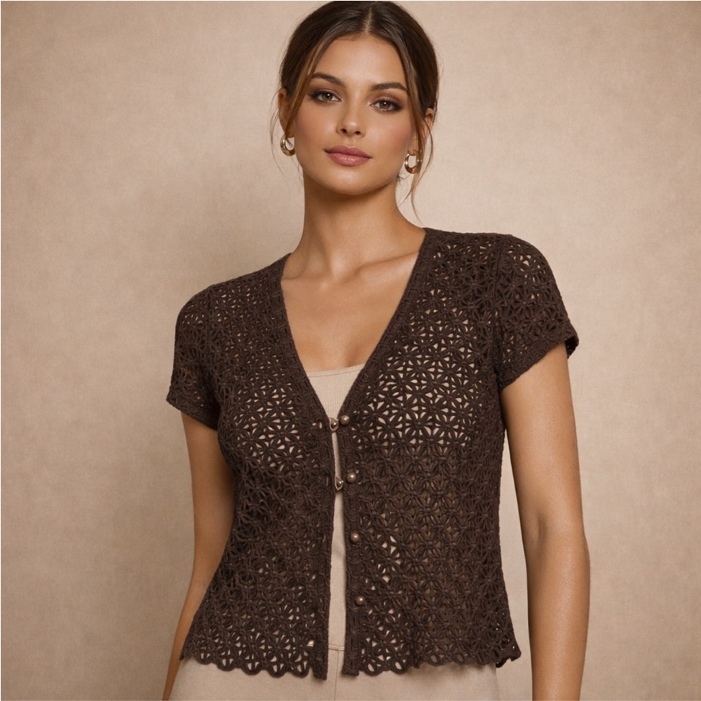 Milly Brown Eyelet Lace Button Front Blouse Romantic Designer Size 2